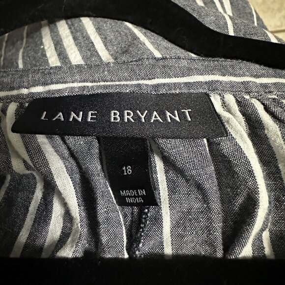 Lane Bryant sz 18 blue striped linen blend lagenlook boxy Boho tassel front top - Picture 4 of 7